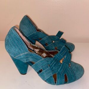 Seychelles Anthropologie Suede Blue Teal Bow Leather Heels Women's Size 7.5